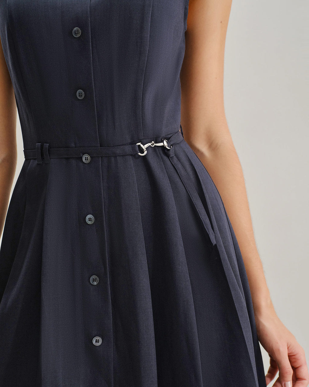 Navy Mock Neck High Waist Midi Dress