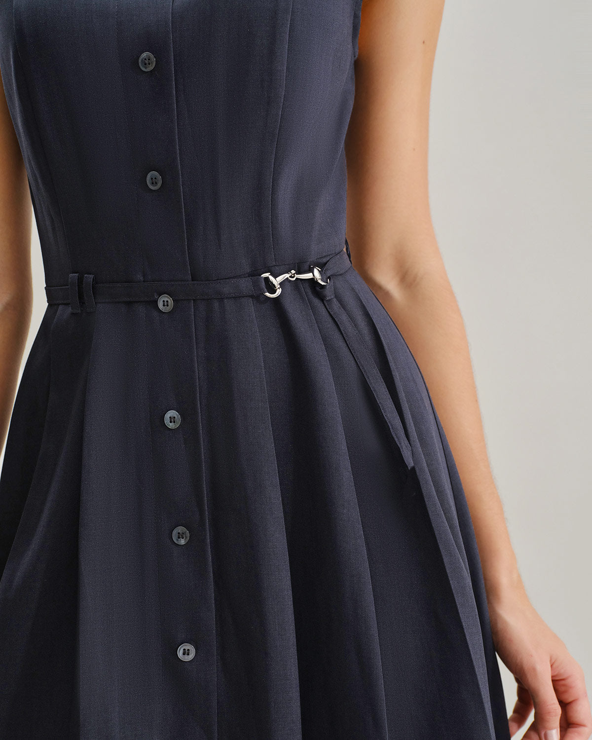 Navy Mock Neck High Waist Midi Dress