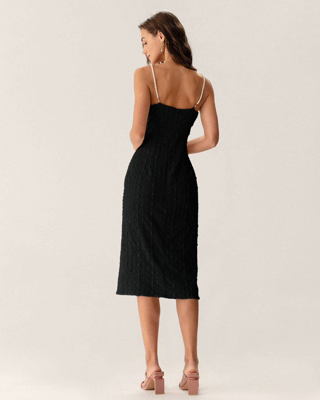 Black Textured Bodycon Beaded Strap Midi Dress