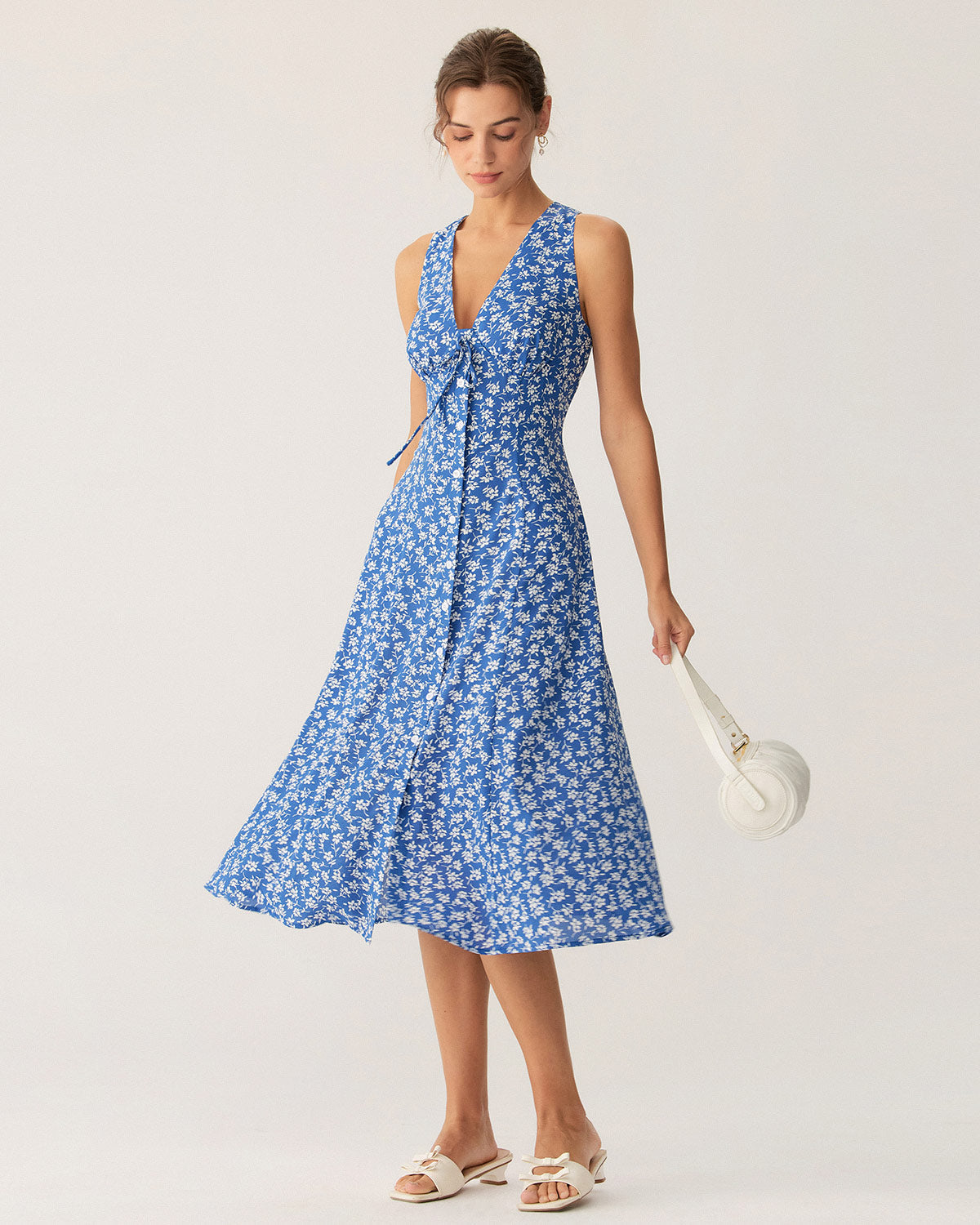 Blue Floral V Neck Sleeveless Midi Dress