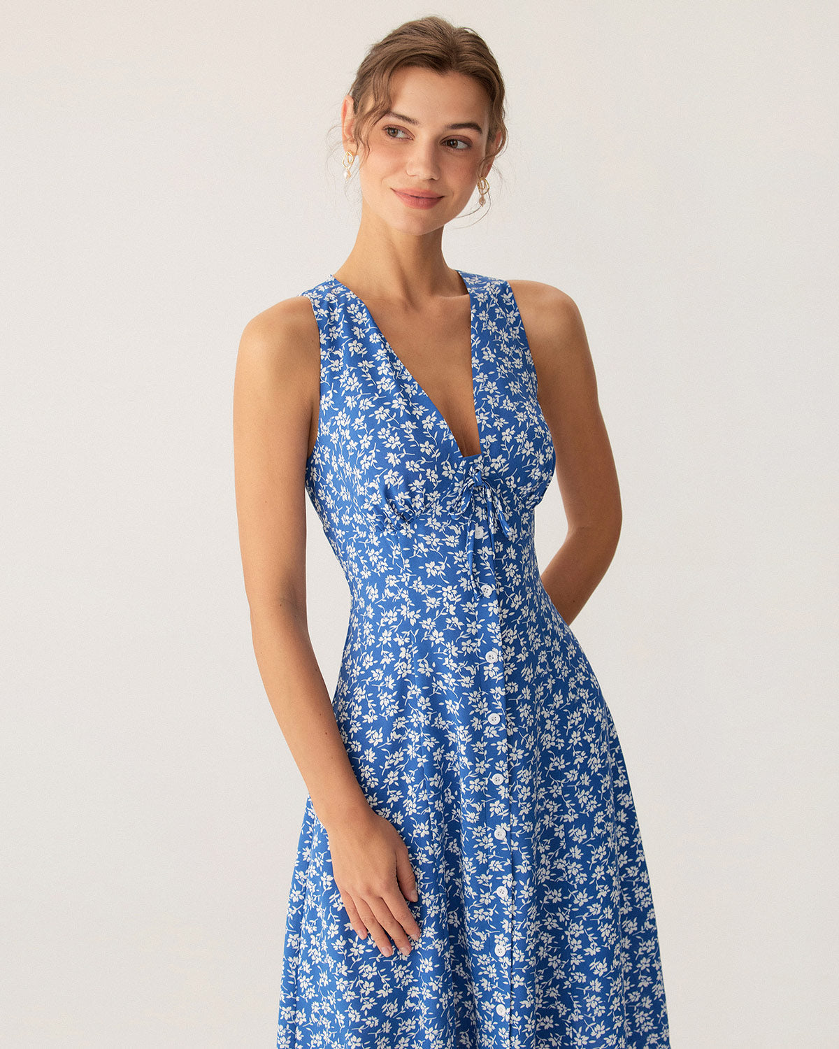 Blue Floral V Neck Sleeveless Midi Dress