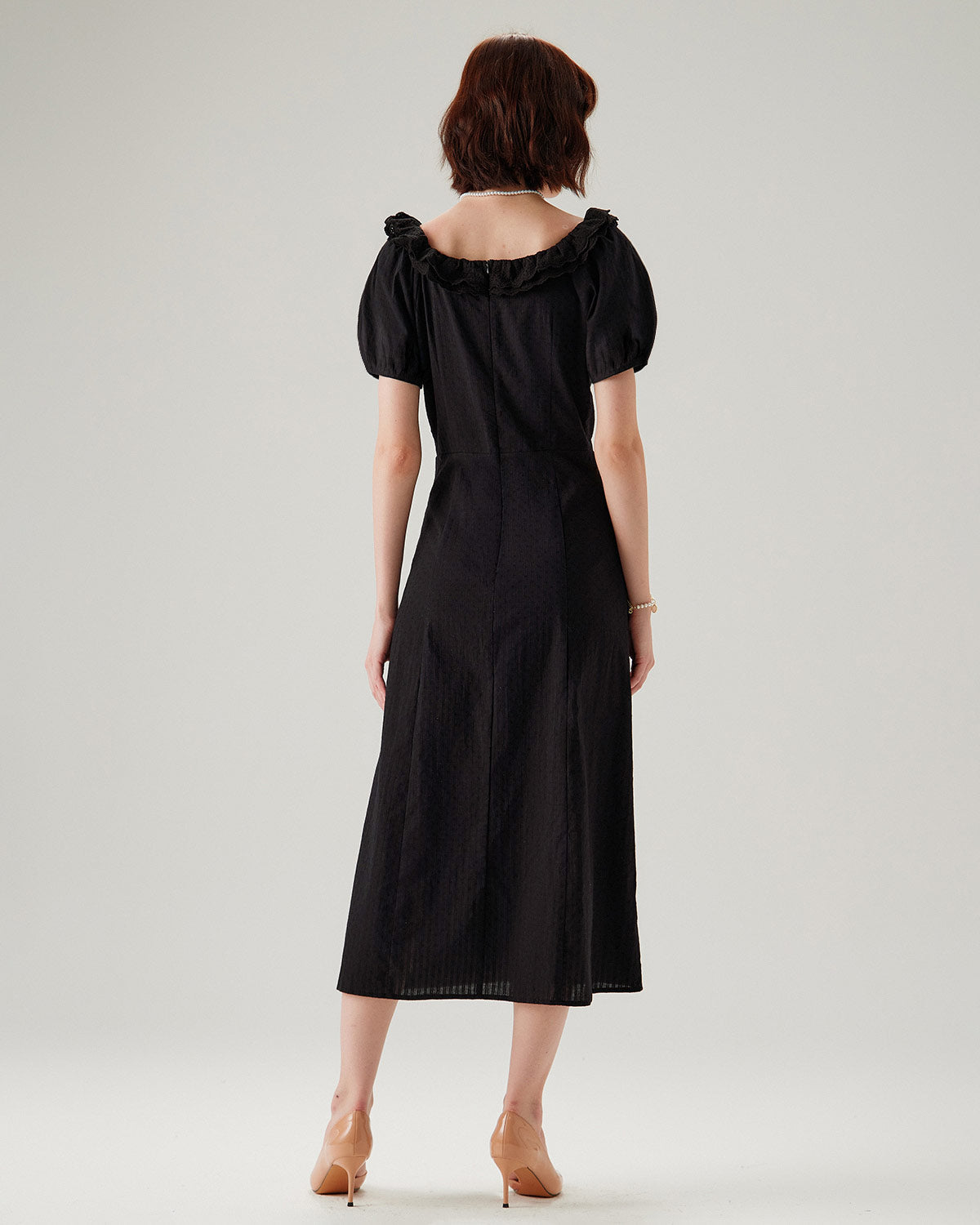 Black Embroidery Puffed Sleeve Maxi Dress