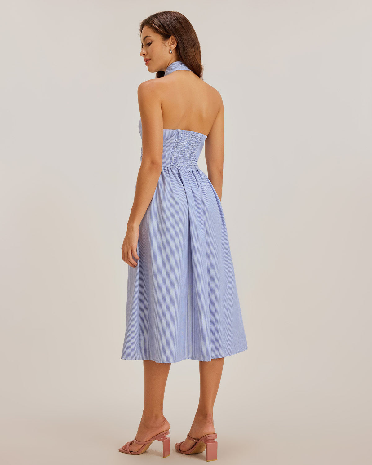 Blue Striped Twist Backless Midi Dress