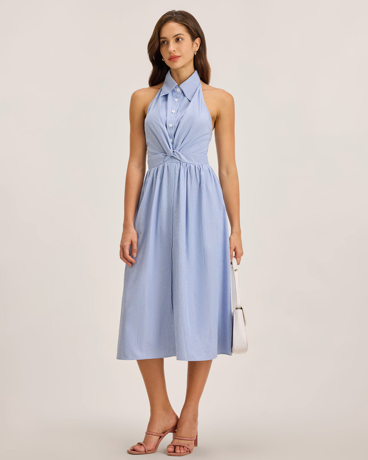 Blue Striped Twist Backless Midi Dress
