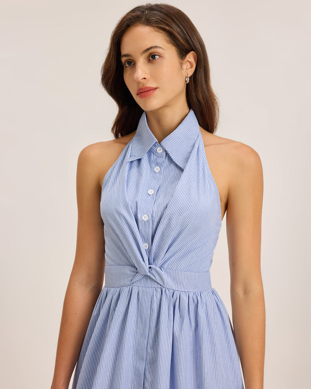 Blue Striped Twist Backless Midi Dress