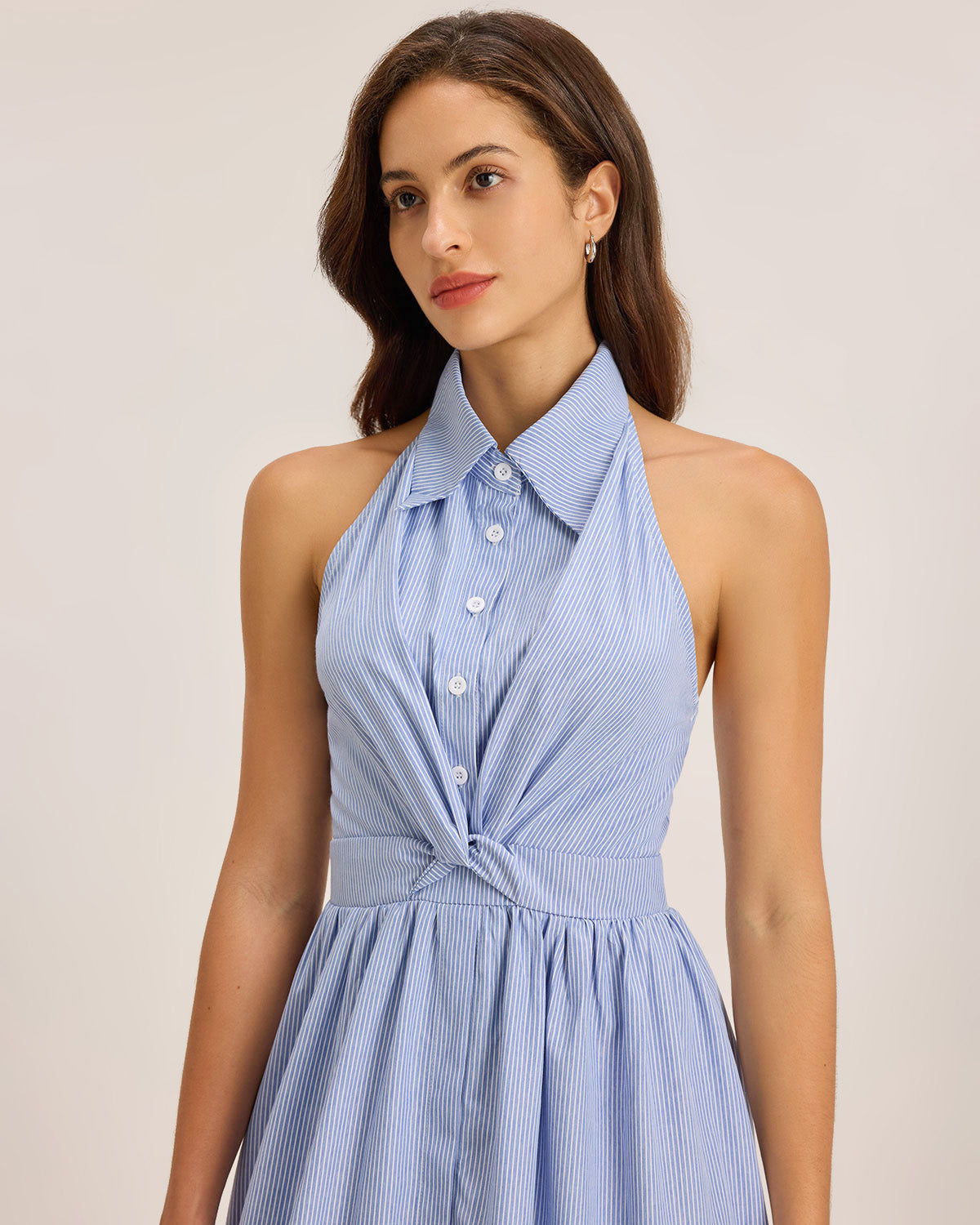 Blue Striped Twist Backless Midi Dress