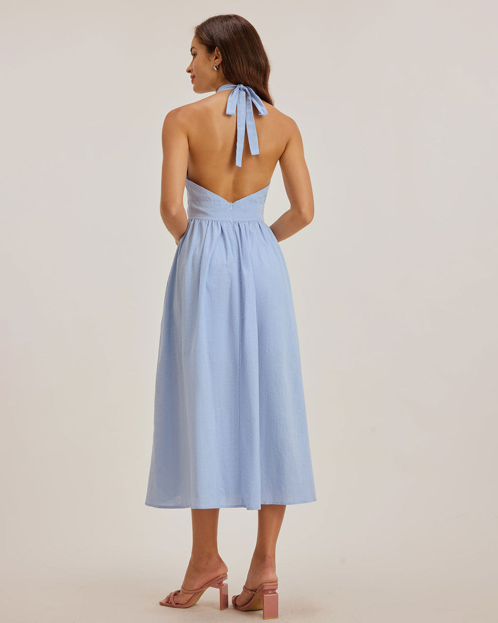 Blue Striped Twist Backless Midi Dress