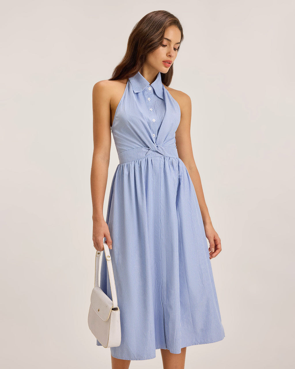 Blue Striped Twist Backless Midi Dress