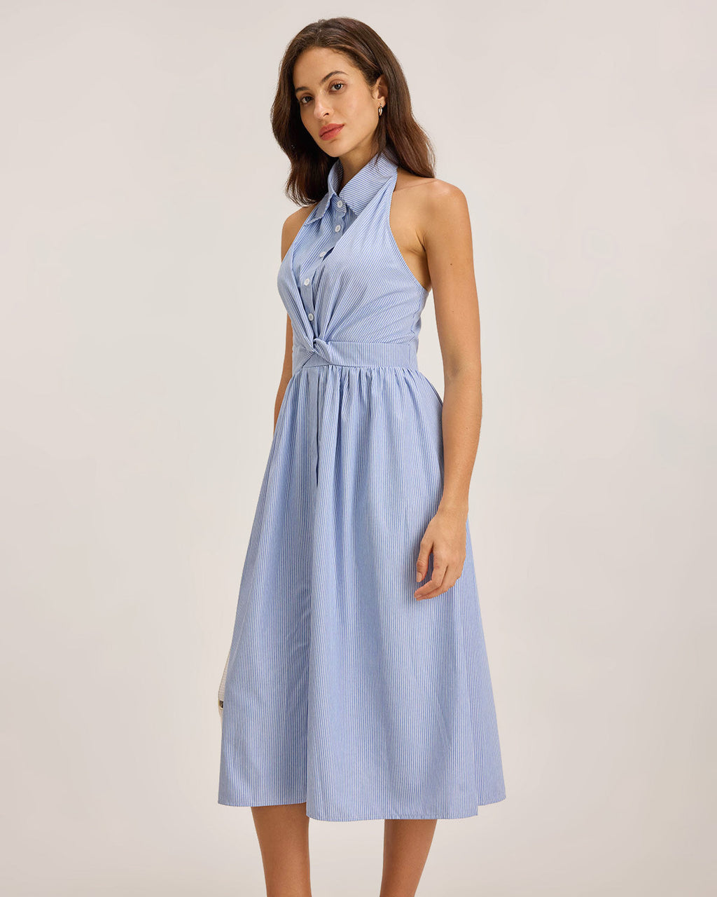 Blue Striped Twist Backless Midi Dress