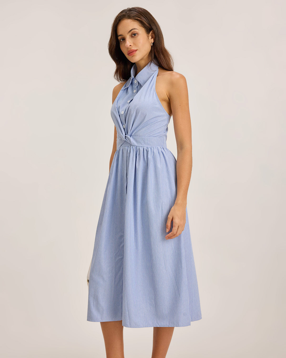 Blue Striped Twist Backless Midi Dress
