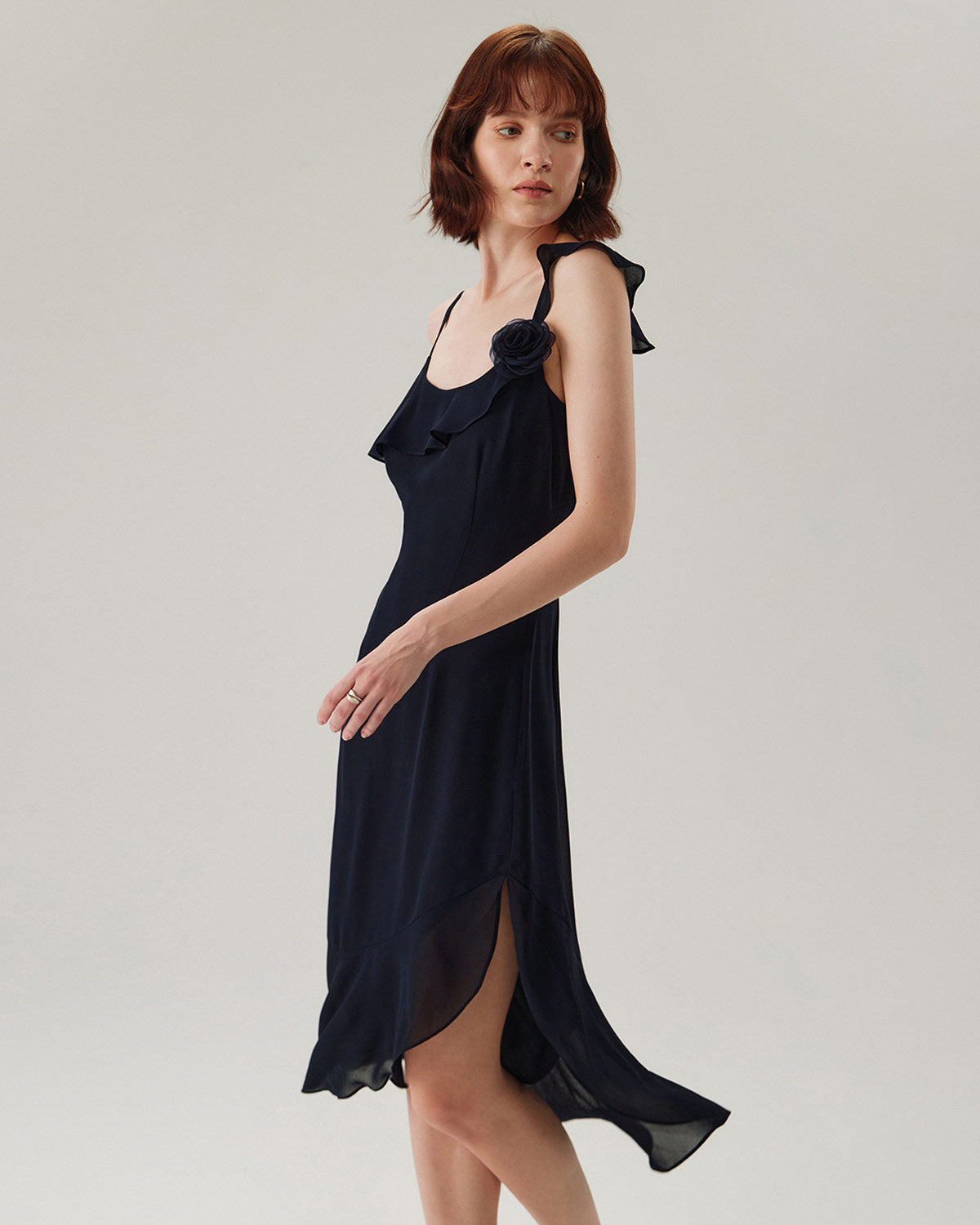 Blue Chiffon Ruffle Slip Midi Dress