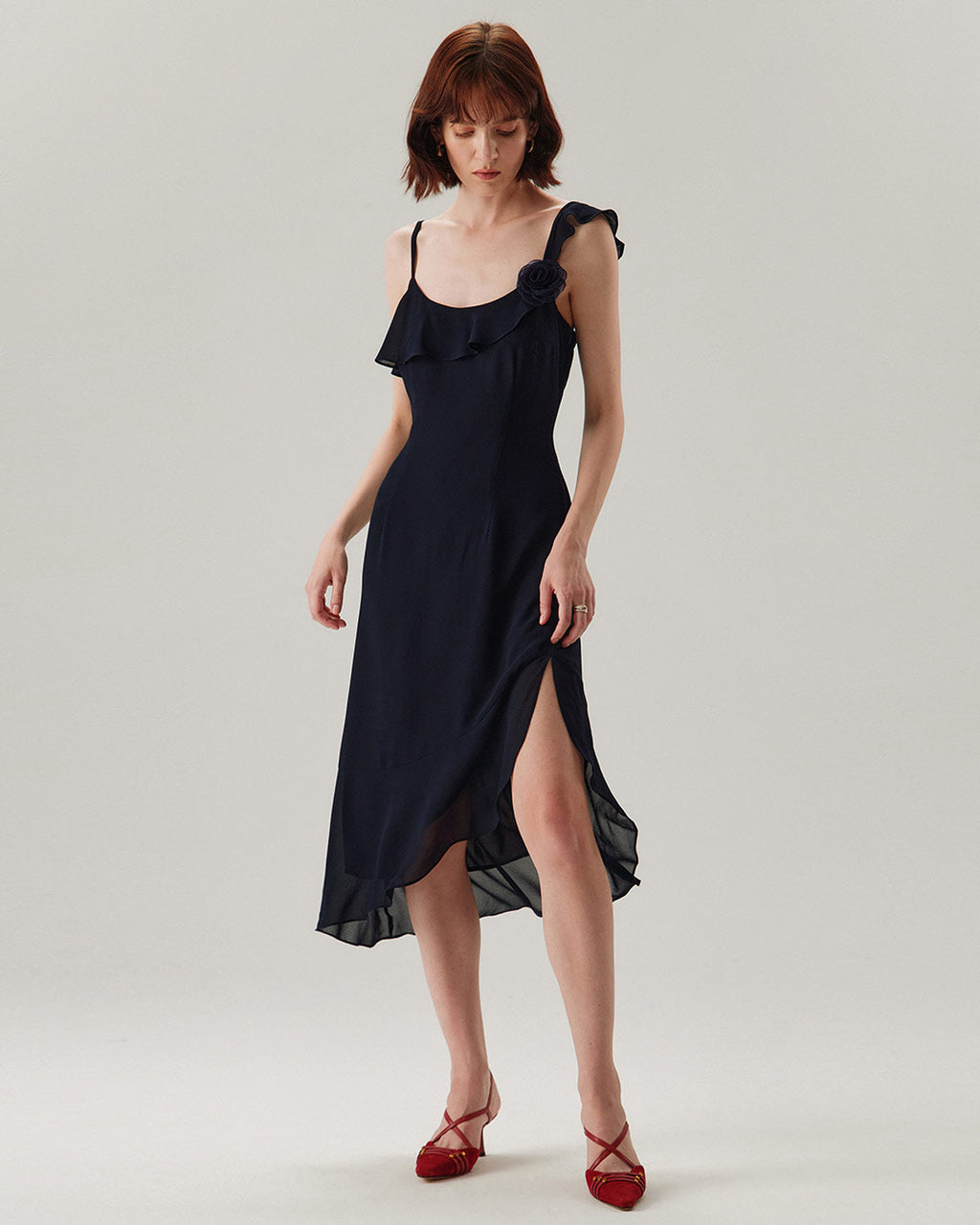 Blue Chiffon Ruffle Slip Midi Dress