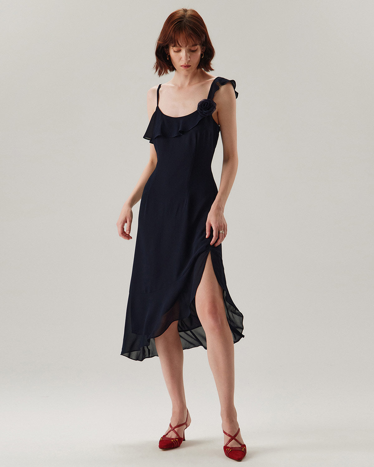 Blue Chiffon Ruffle Slip Midi Dress