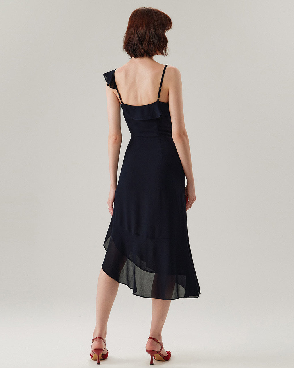 Blue Chiffon Ruffle Slip Midi Dress