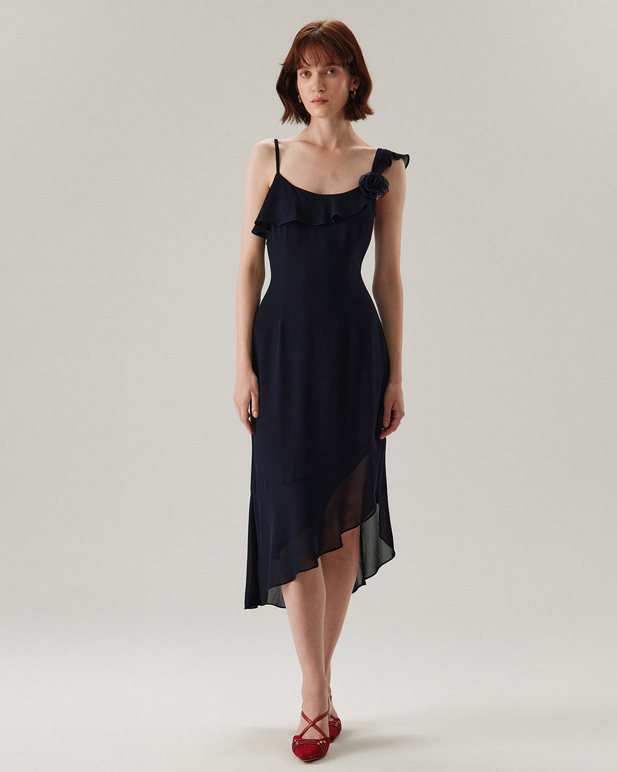 Blue Chiffon Ruffle Slip Midi Dress
