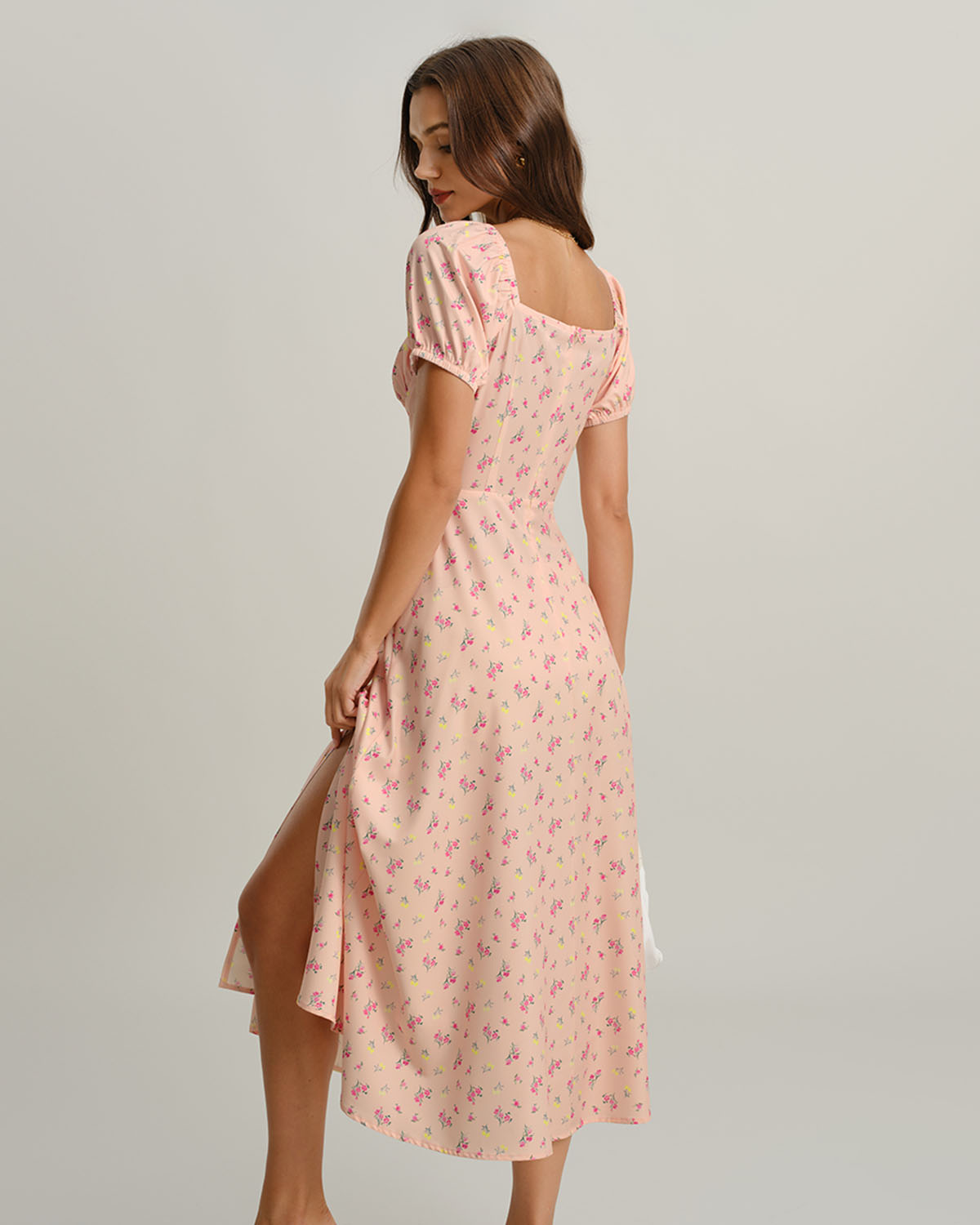 Pink Floral Square Neck Puffed Sleeve Midi Dress