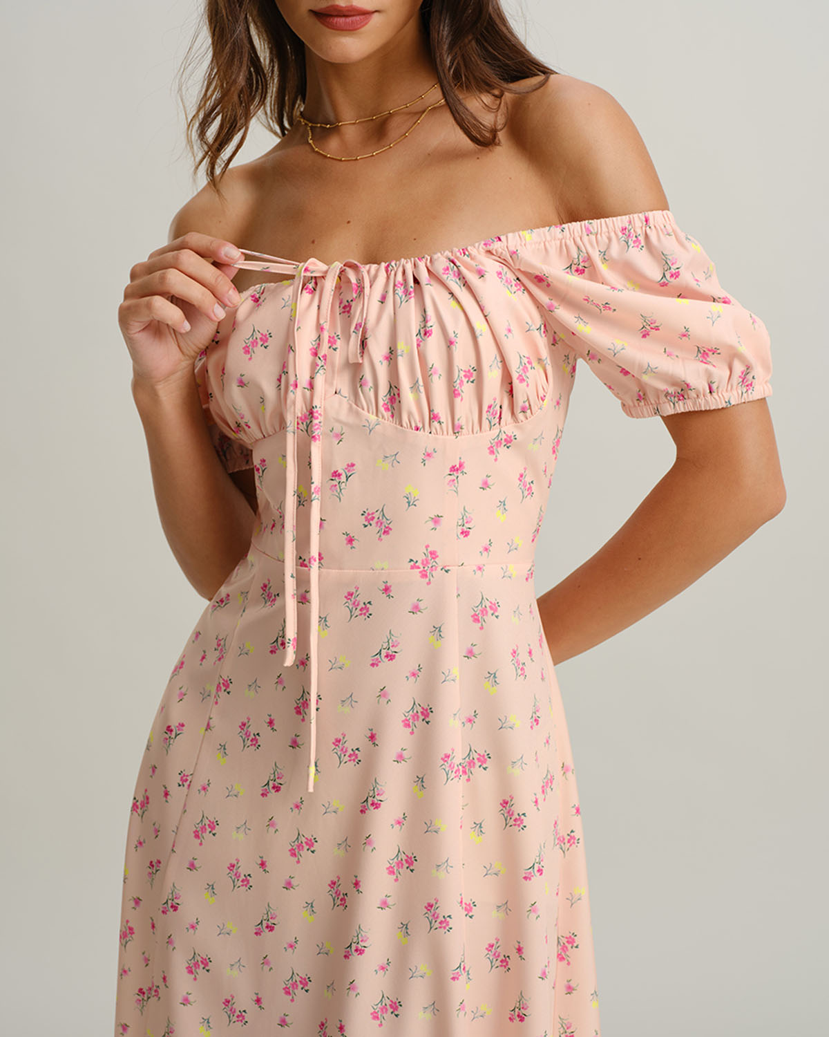 Pink Floral Square Neck Puffed Sleeve Midi Dress