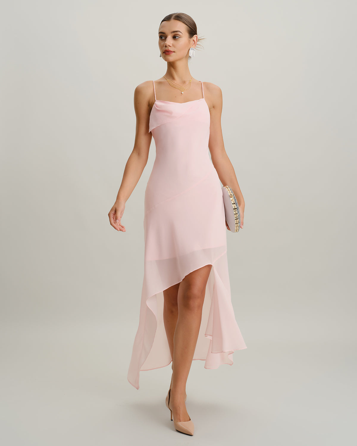 Pink Chiffon A-Line Slip Midi Dress