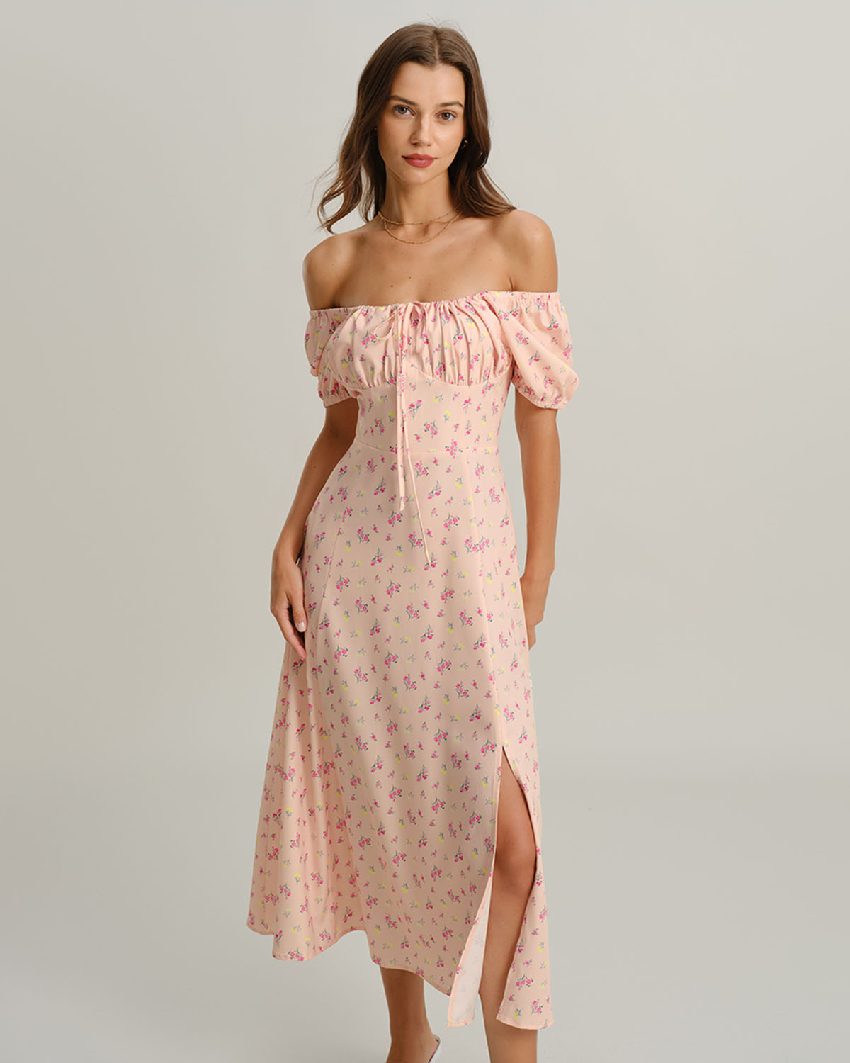 Pink Floral Square Neck Puffed Sleeve Midi Dress