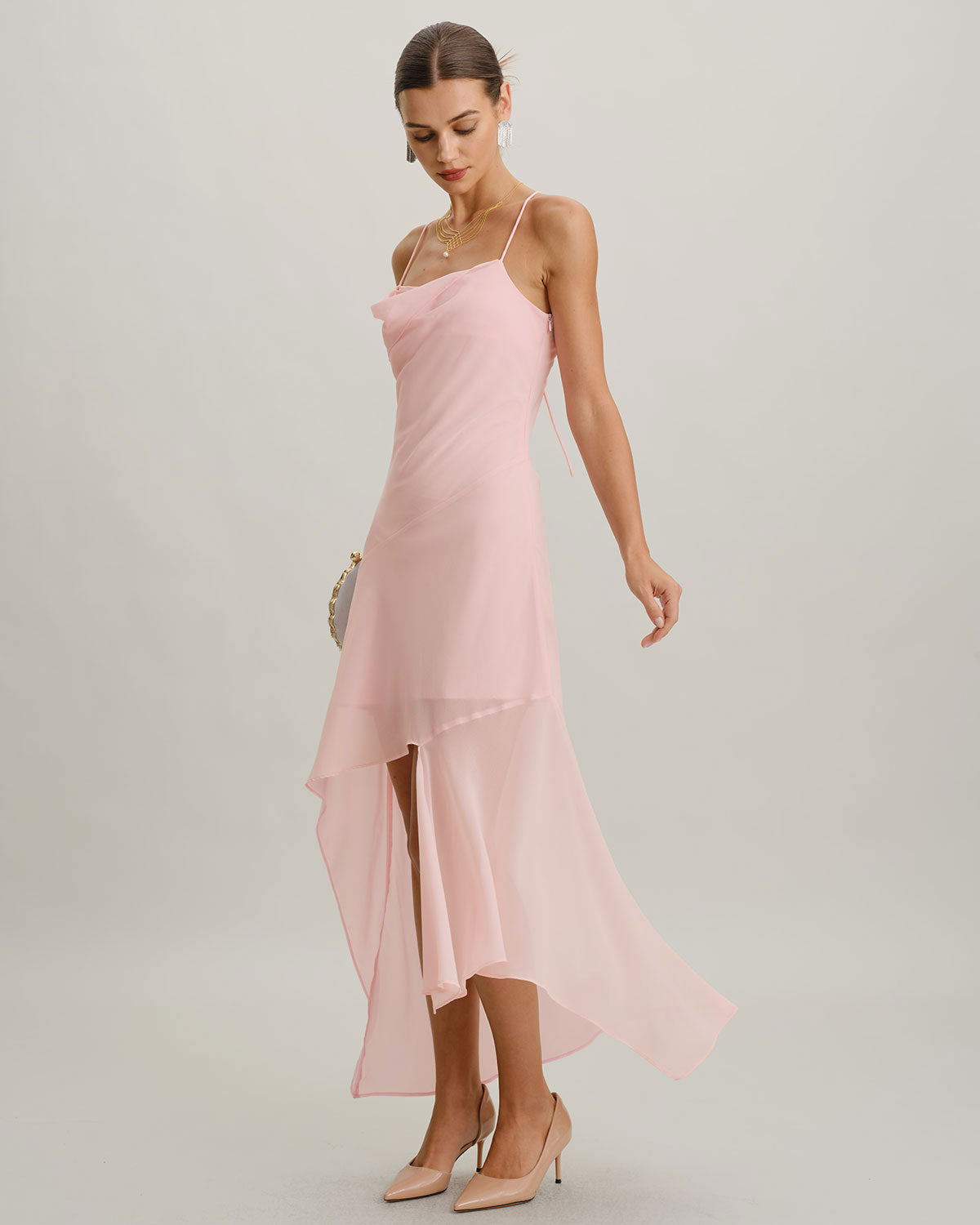 Pink Chiffon A-Line Slip Midi Dress