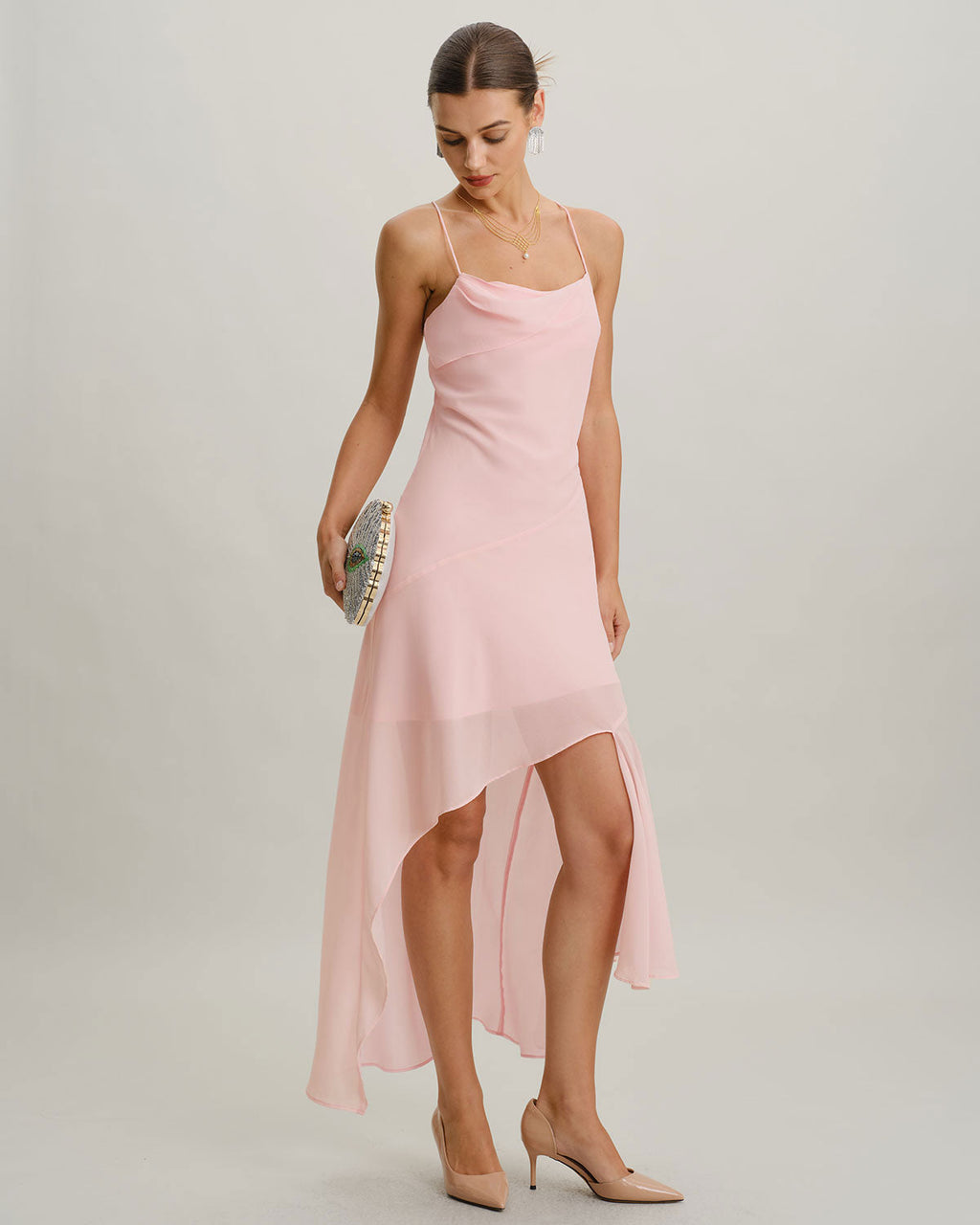 Pink Chiffon A-Line Slip Midi Dress