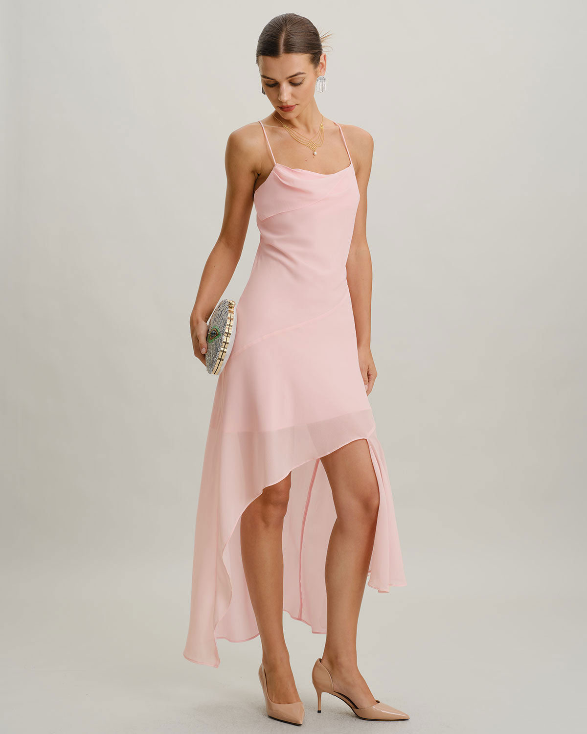 Pink Chiffon A-Line Slip Midi Dress