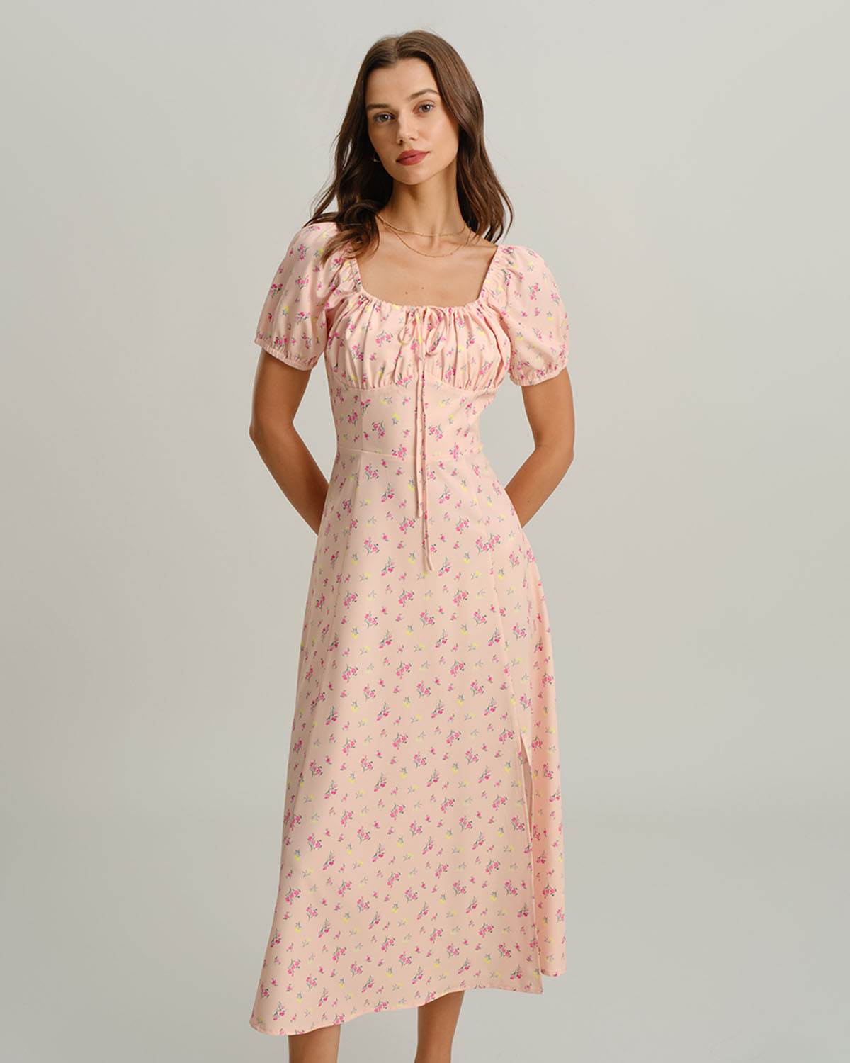Pink Floral Square Neck Puffed Sleeve Midi Dress