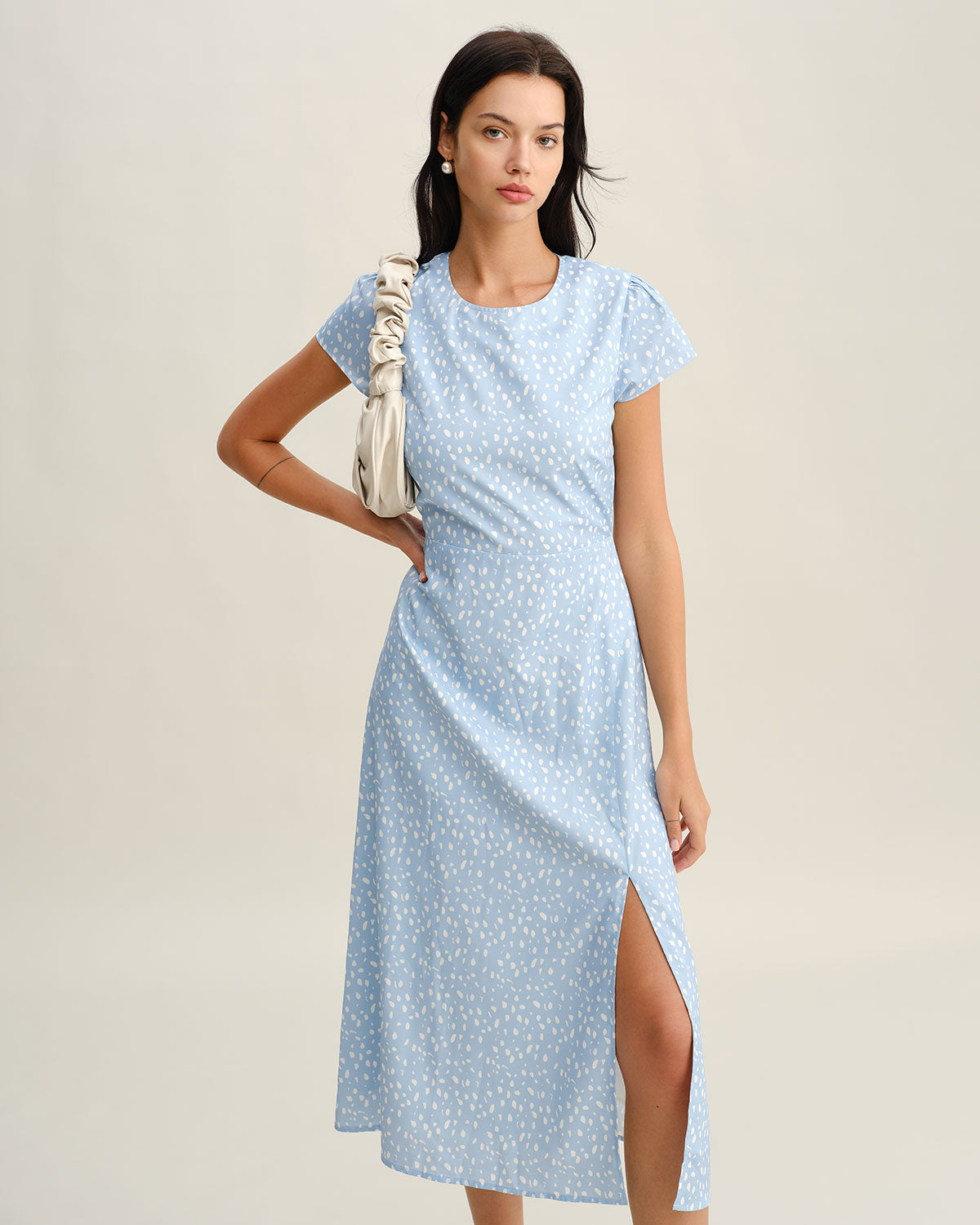 Blue Round Neck Button Slit Midi Dress