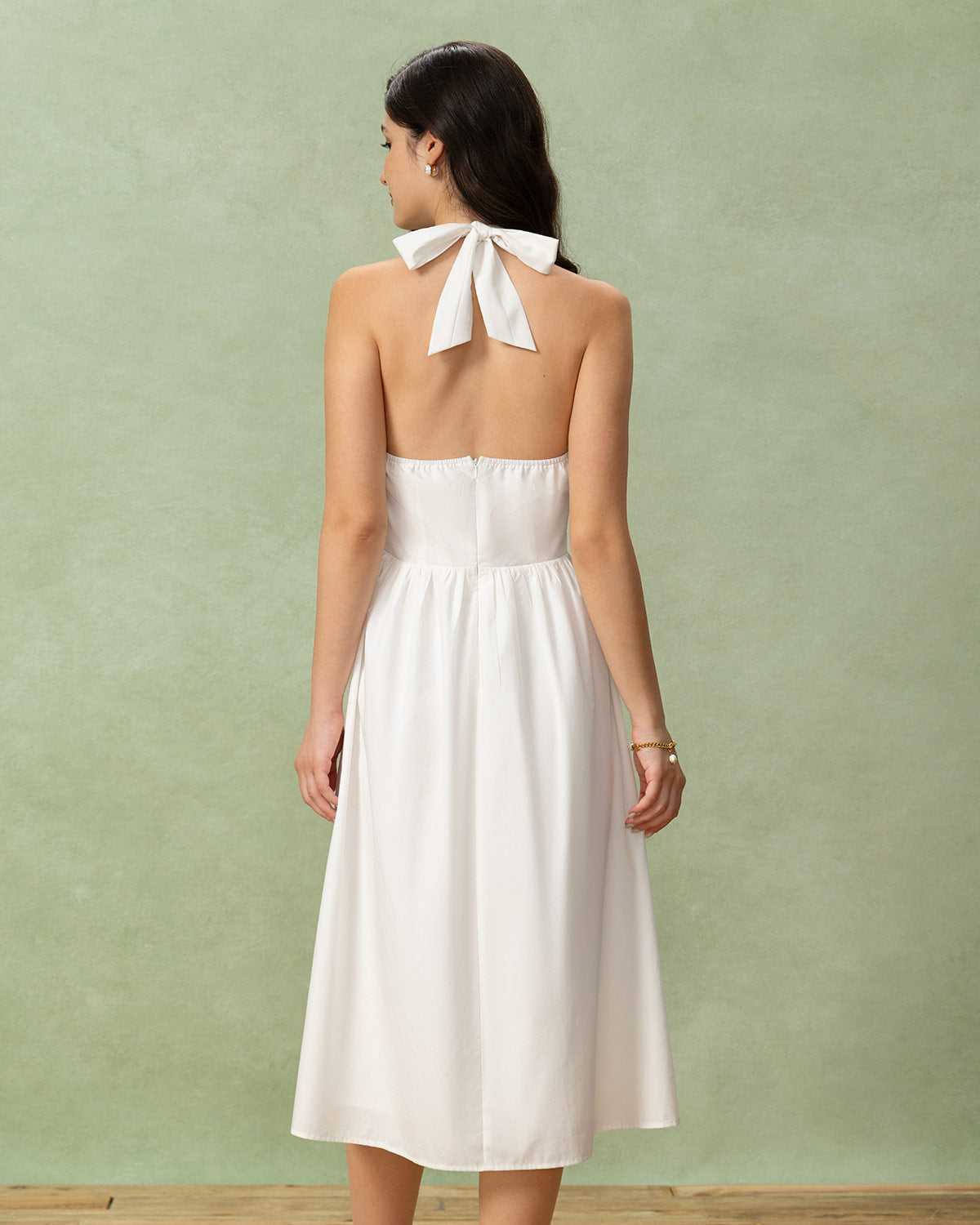 White Embroidery A-Line Halter Midi Dress