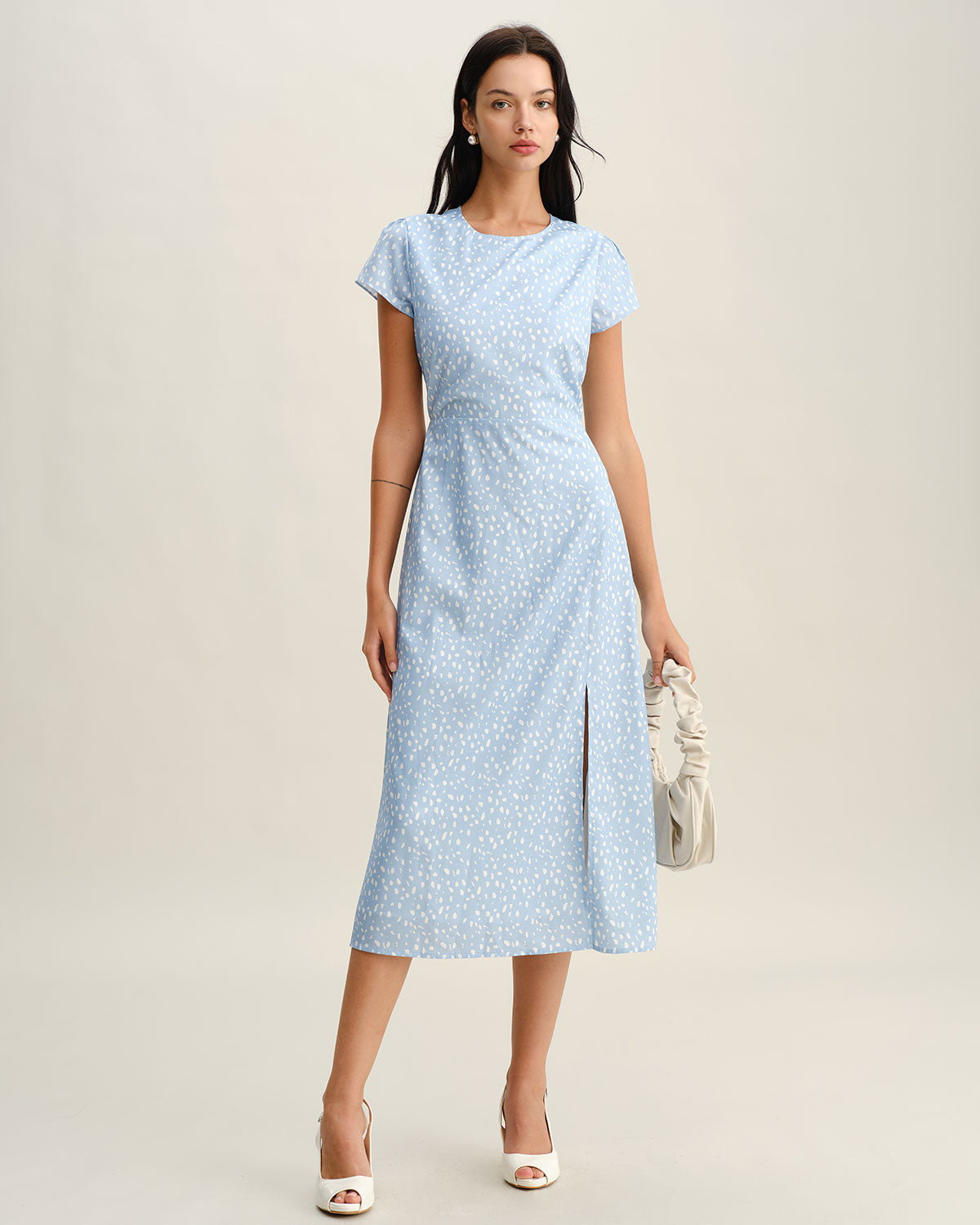 Blue Round Neck Button Slit Midi Dress