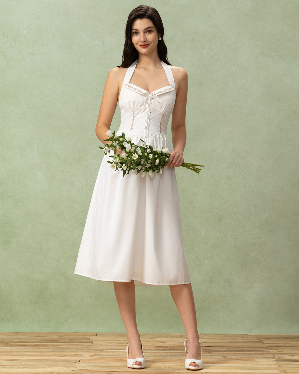 White Embroidery A-Line Halter Midi Dress