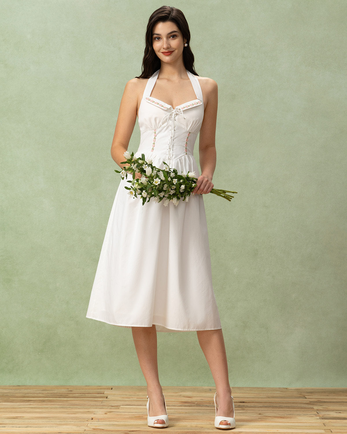 White Embroidery A-Line Halter Midi Dress