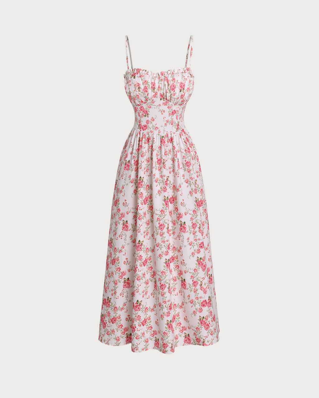 Pink Floral Sweetheart Neck Shirred Slip Midi Dress
