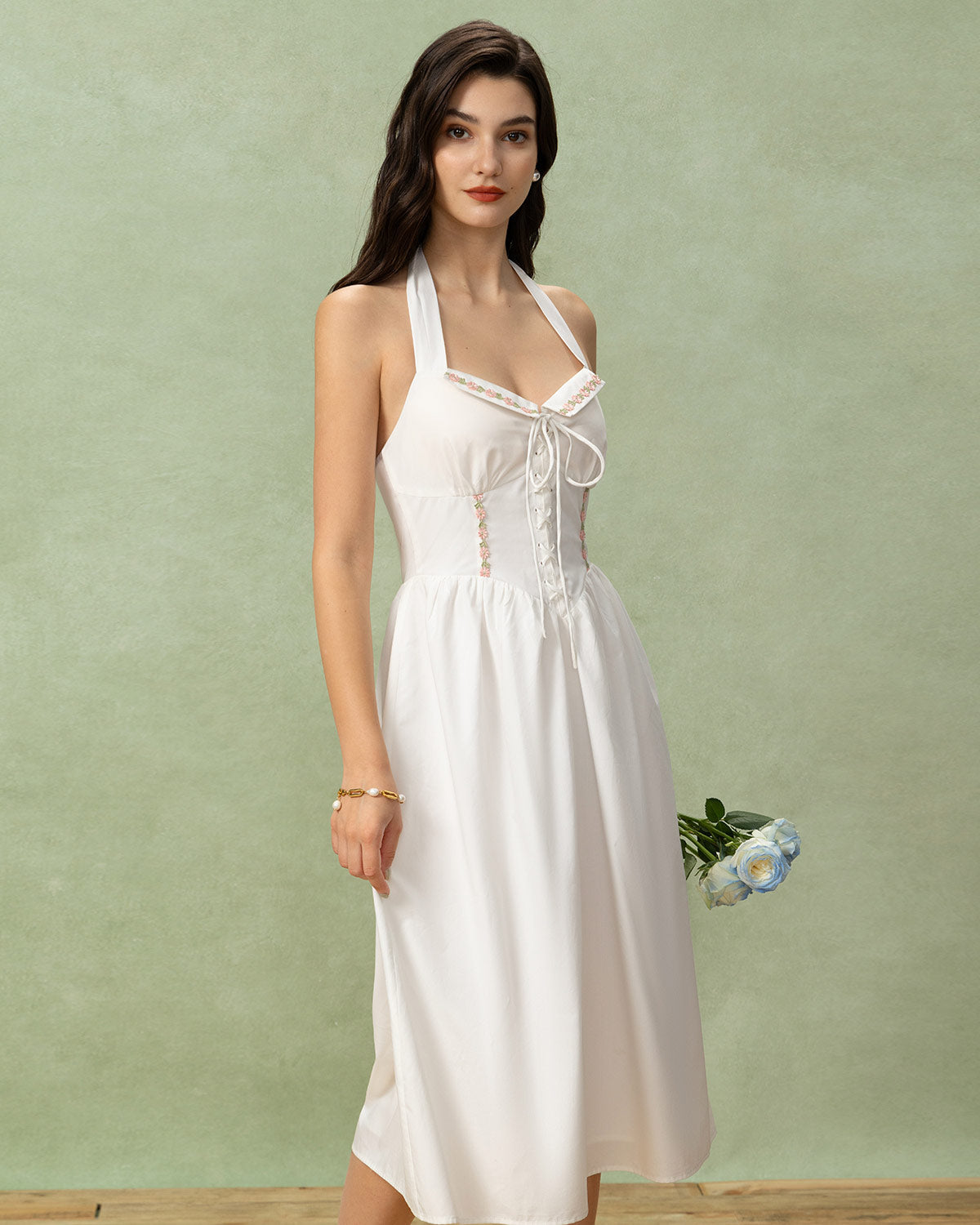 White Embroidery A-Line Halter Midi Dress