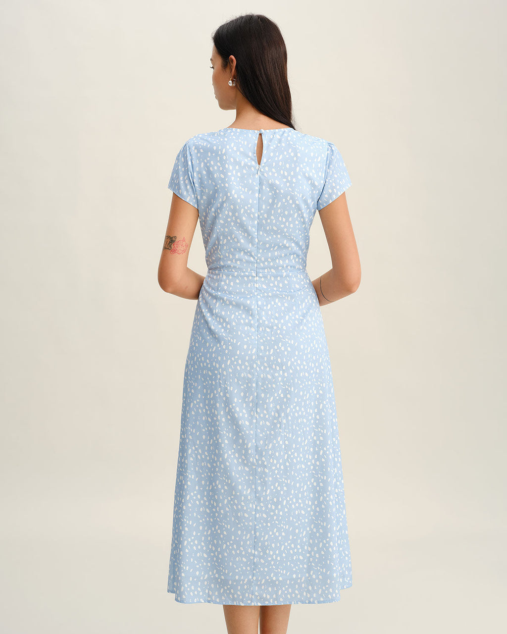 Blue Round Neck Button Slit Midi Dress