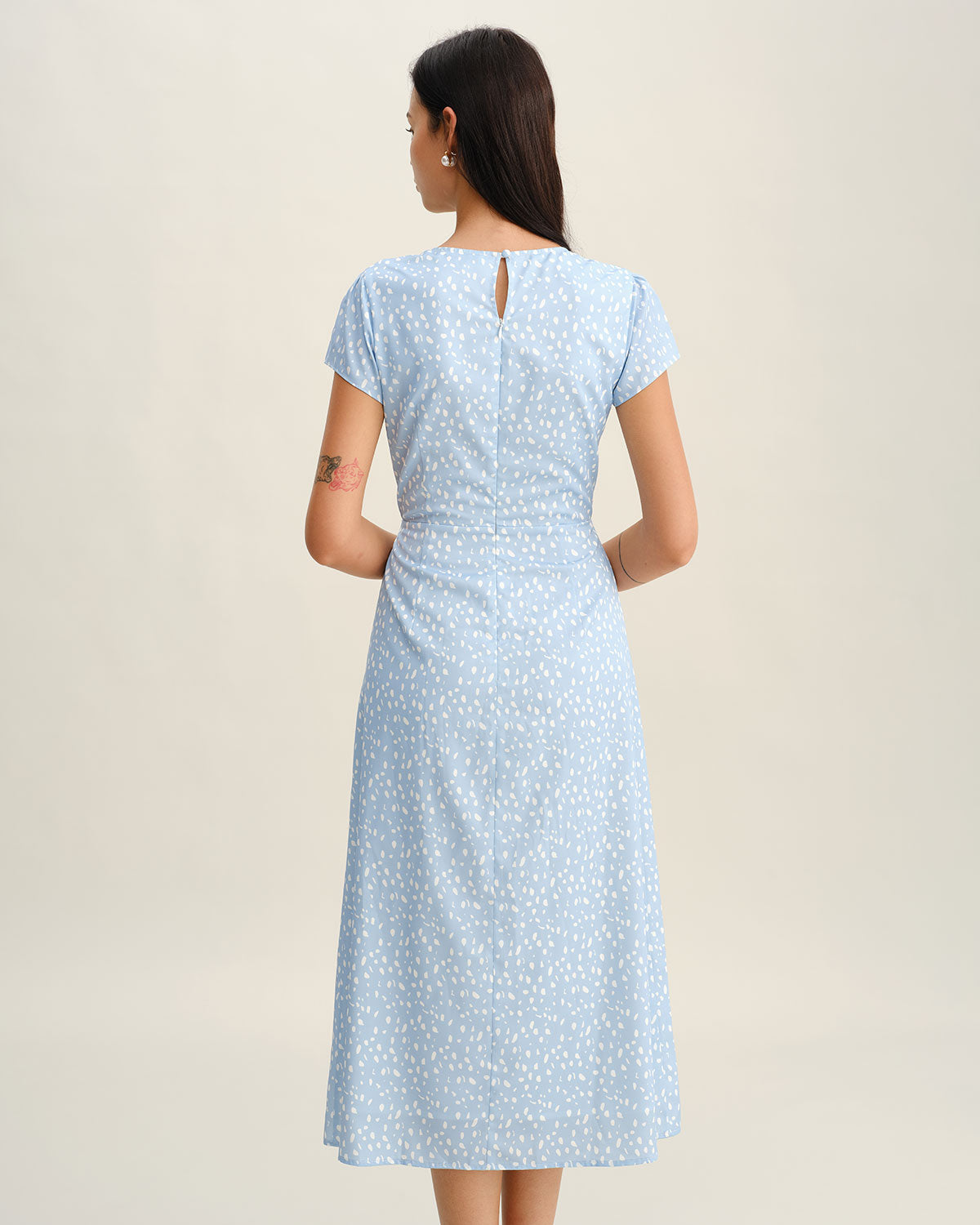 Blue Round Neck Button Slit Midi Dress