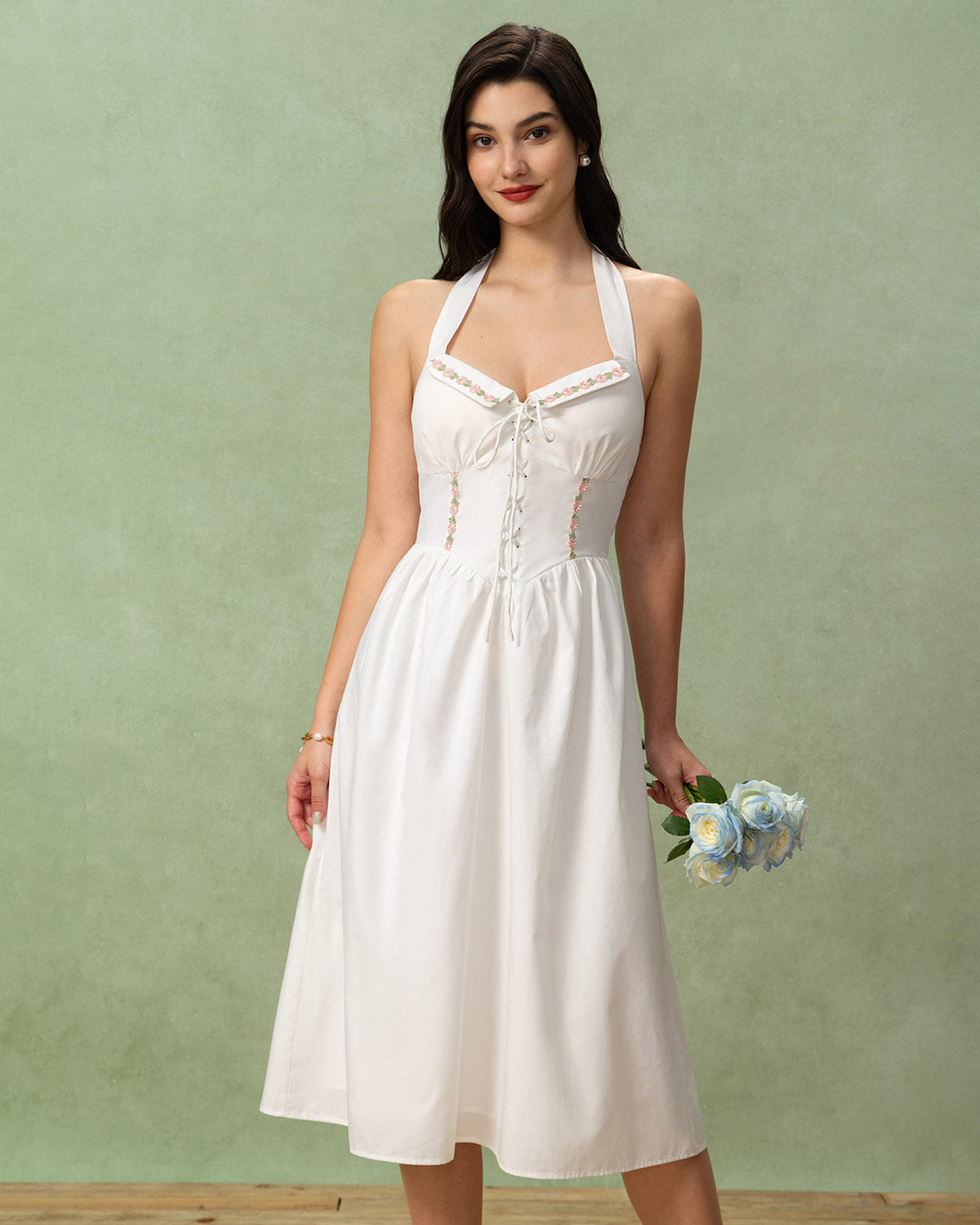 White Embroidery A-Line Halter Midi Dress